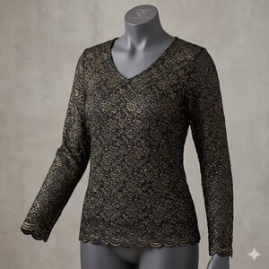 Elementz Black and Gold Lace V-Neck Long Sleeve Blouse